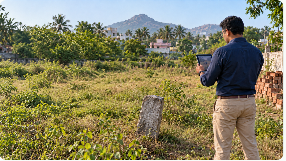 Field engineer conducting GPS boundary verification on a vacant plot in India