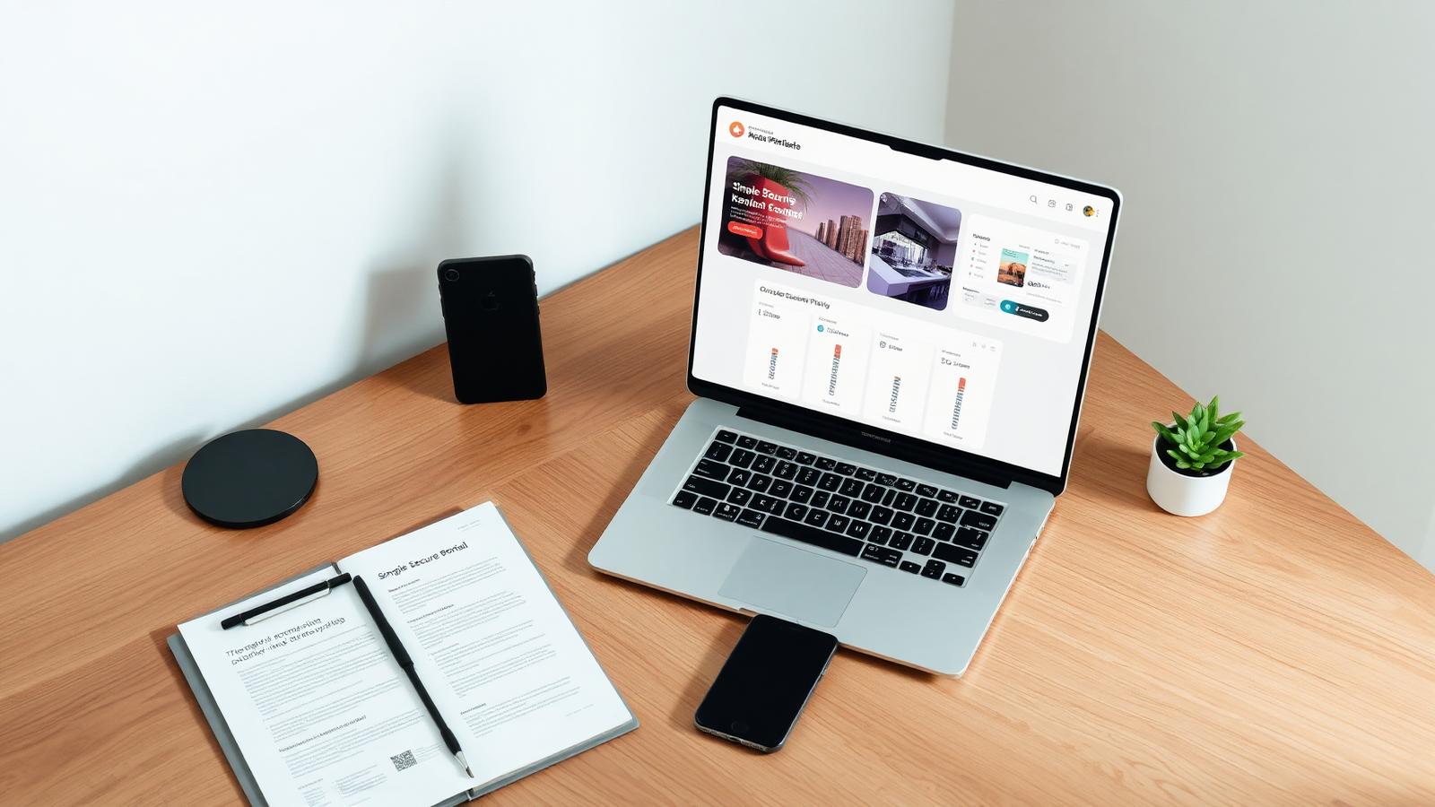 A clean workspace with laptop, phone and property documents illustrating the NRI Land Check portal workflow