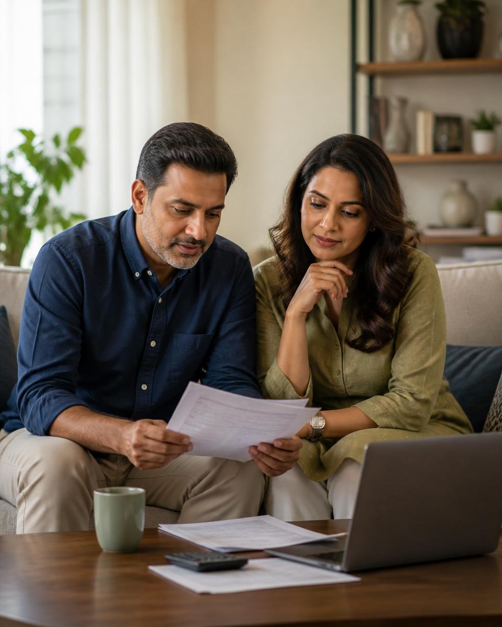 An Indian couple at home calmly reviewing their property documents and laptop together in warm natural light